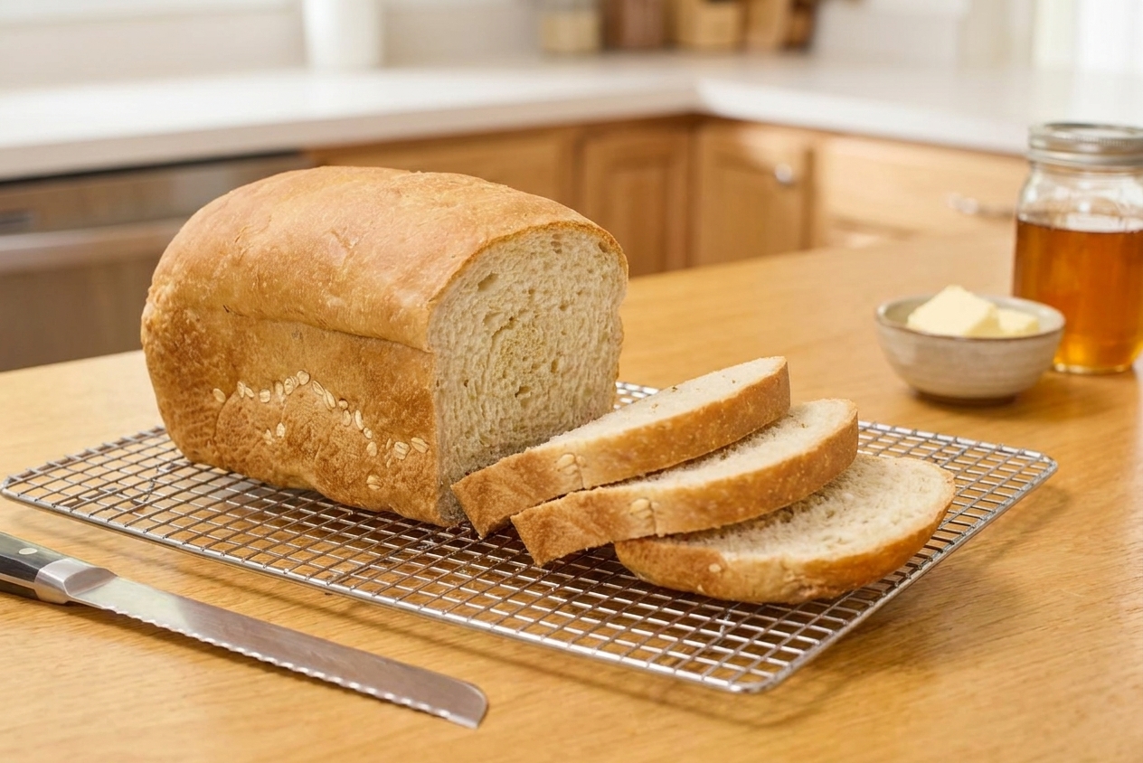 Freshly baked honey oat sandwich bread sliced and cooling on a wire rack on a kitchen counter