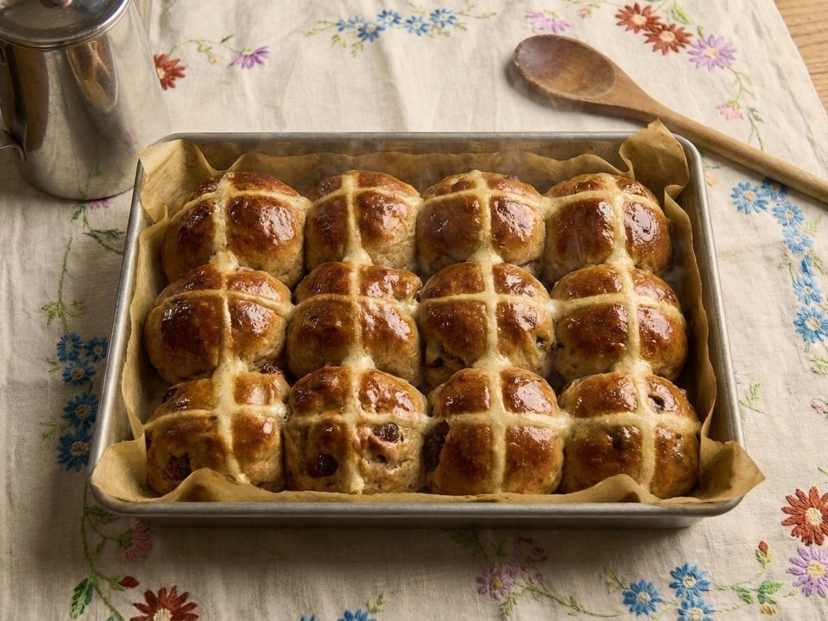 Freshly baked hot cross buns in a 9x13-inch pan with golden tops and set white crosses just out of the oven