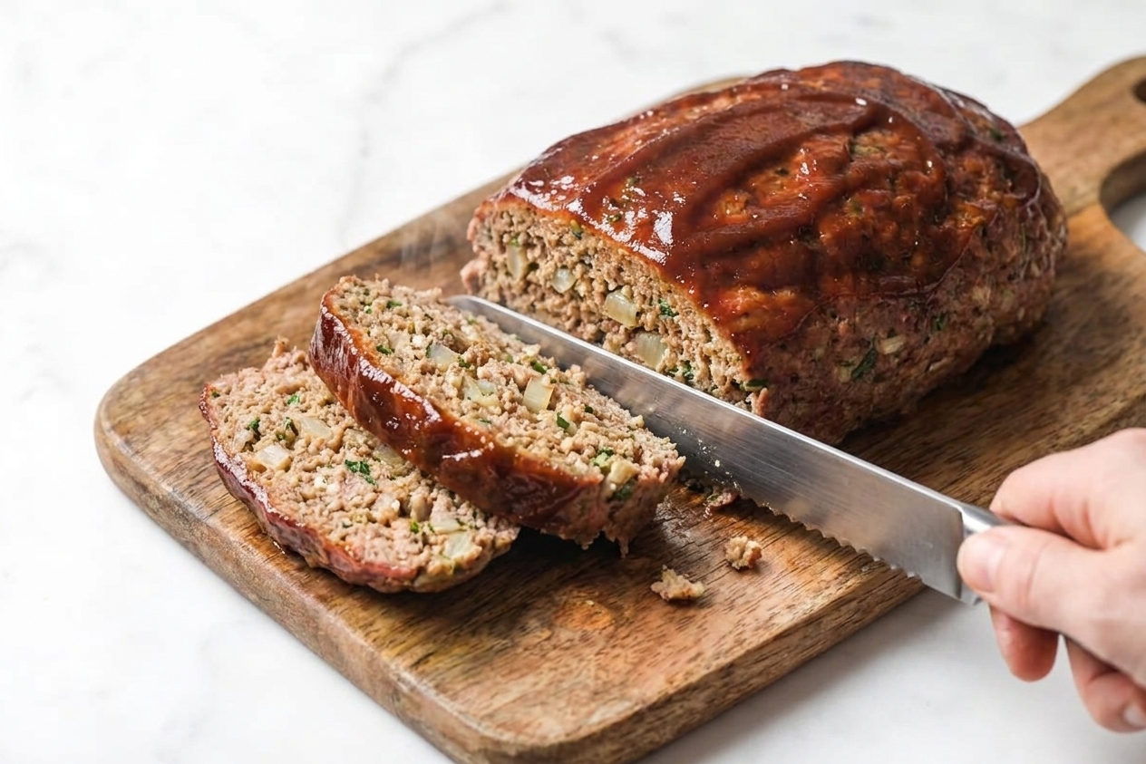 Freshly baked keto meatloaf resting on a wooden cutting board, sliced to show a moist interior with a glossy glazed top