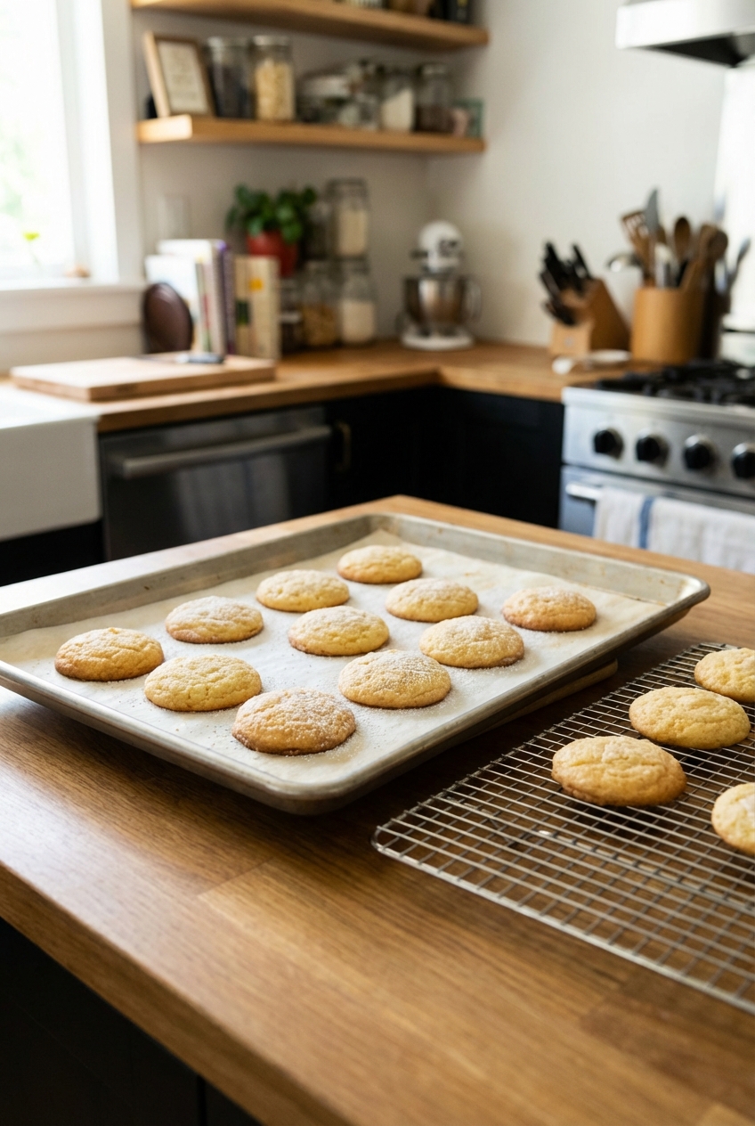 Freshly baked lemon cookies cooling on a parchment-lined baking sheet with a wire rack nearby
