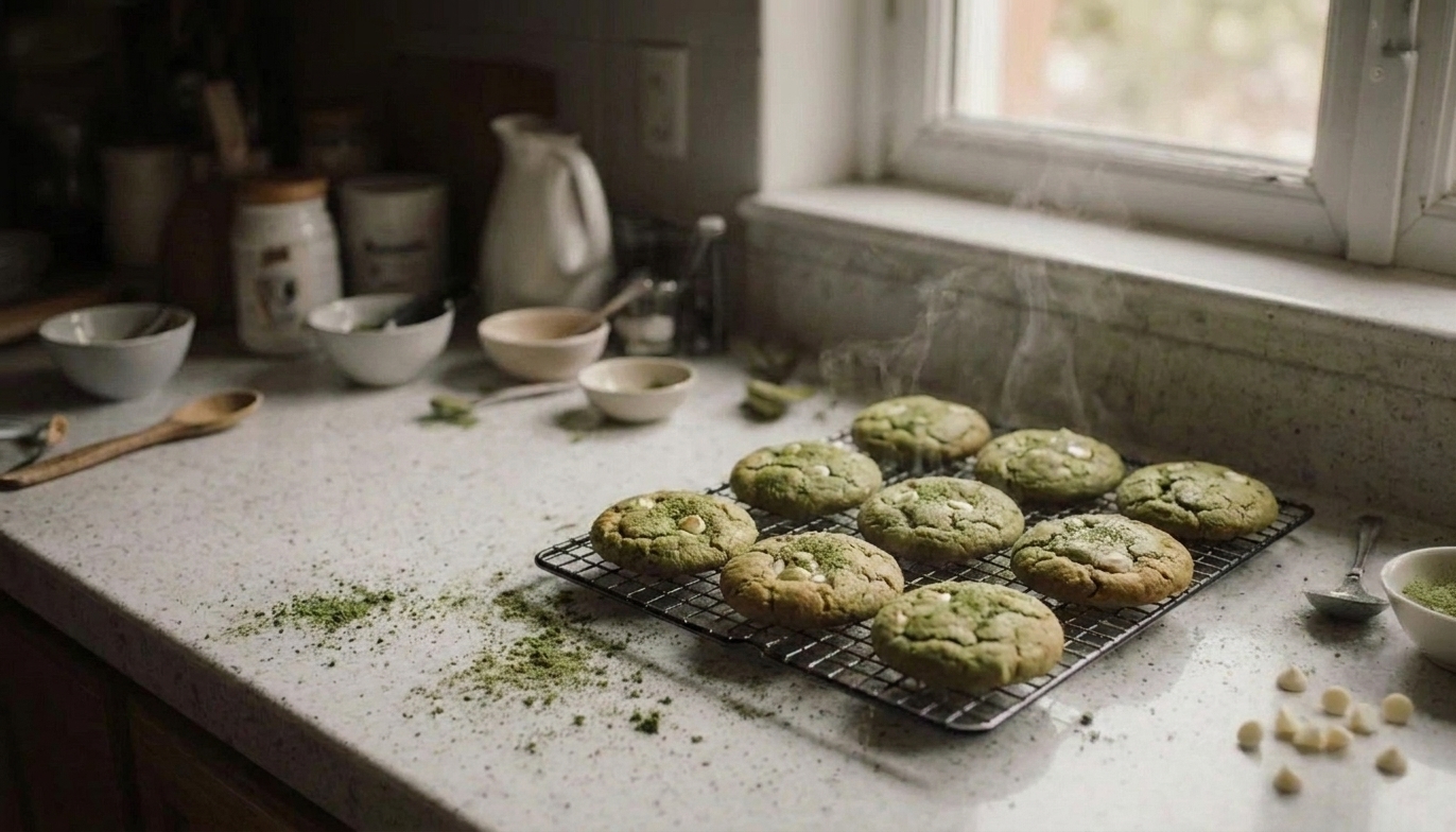 Freshly baked matcha cookies with lightly crisp edges cooling on a wire rack in a sunlit kitchen