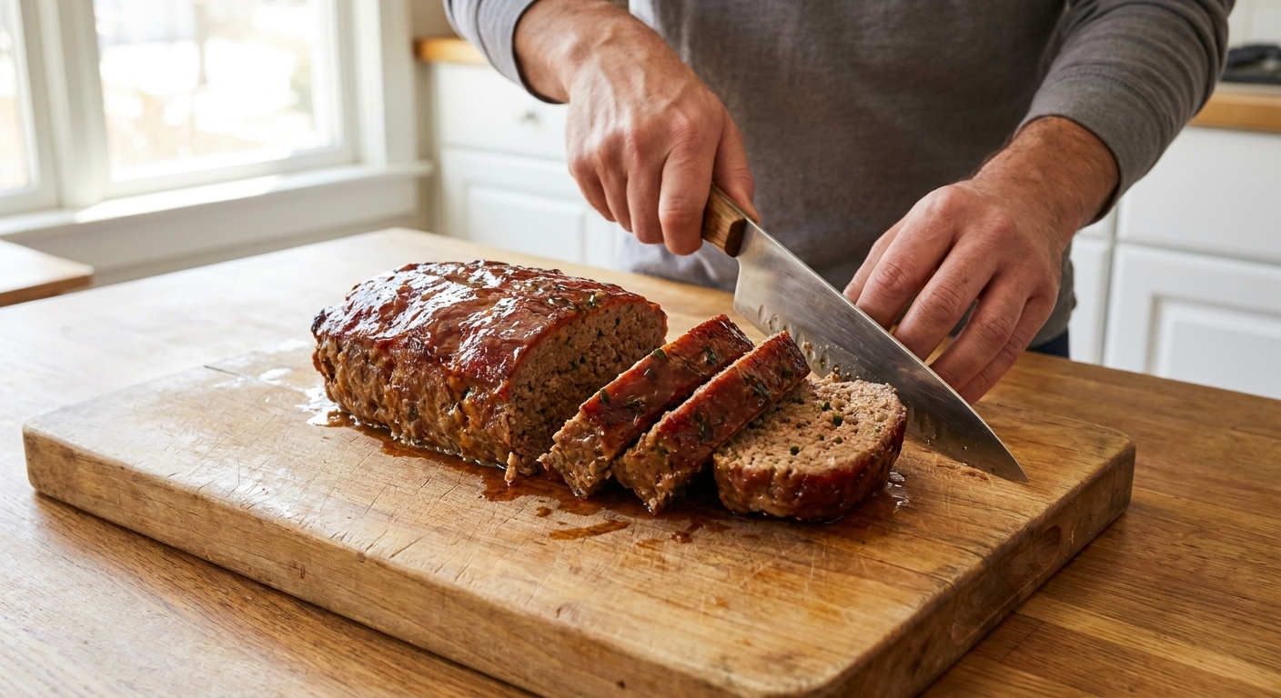 Freshly baked meatloaf resting and being sliced on a wooden cutting board with a chef's knife in a home kitchen