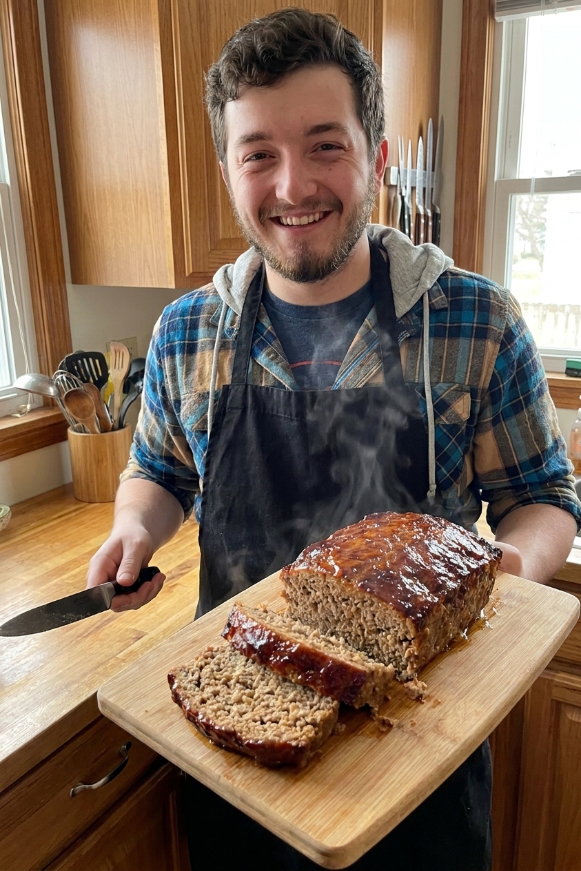 Freshly baked meatloaf resting on a cutting board with several slices cut, showing a moist interior and caramelized glaze, realistic home kitchen photo