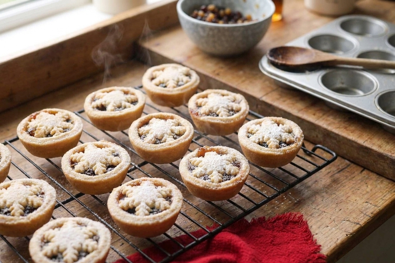 Freshly baked mince pies cooling on a wire rack with flaky golden crusts under warm kitchen lighting