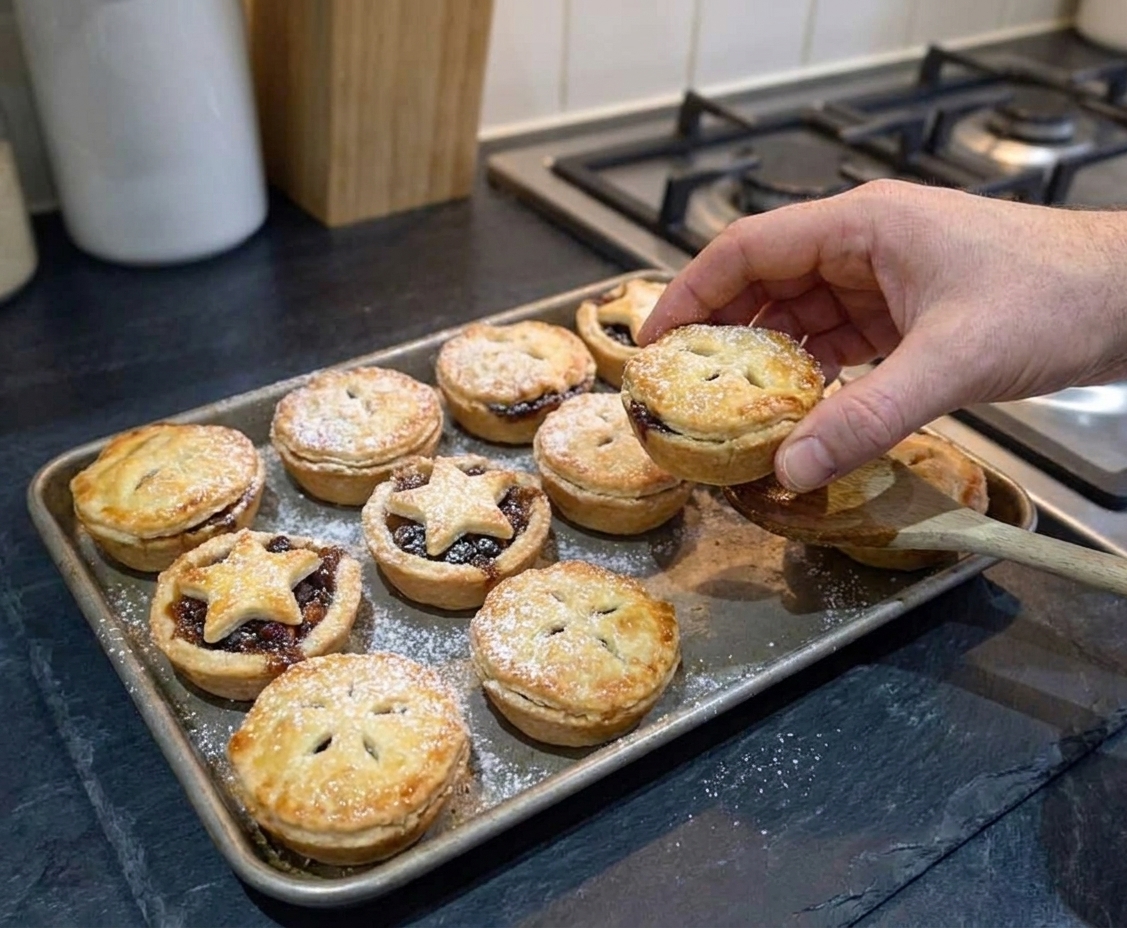 Freshly baked mince pies with golden crust cooling on a baking sheet in a home kitchen