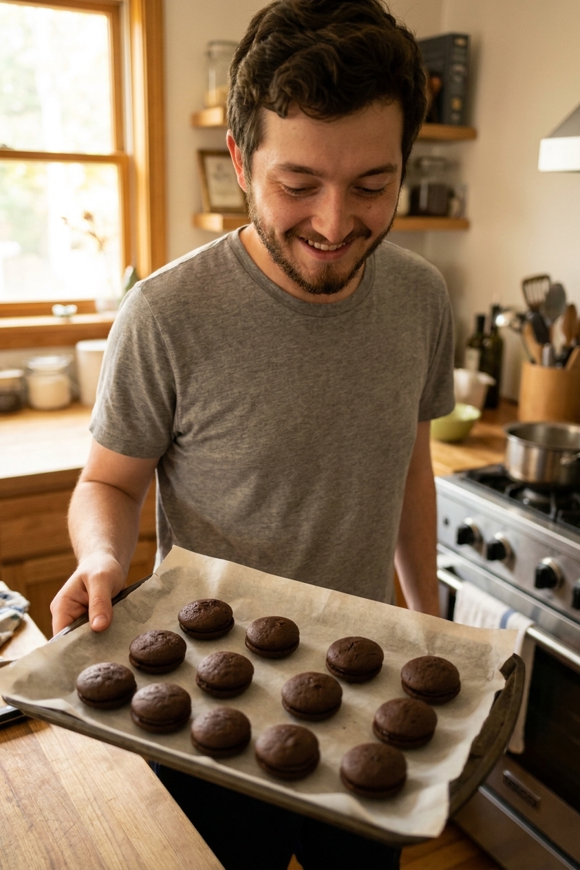 Freshly baked mini chocolate whoopie pie rounds cooling on a parchment-lined baking sheet in a home kitchen, real photograph