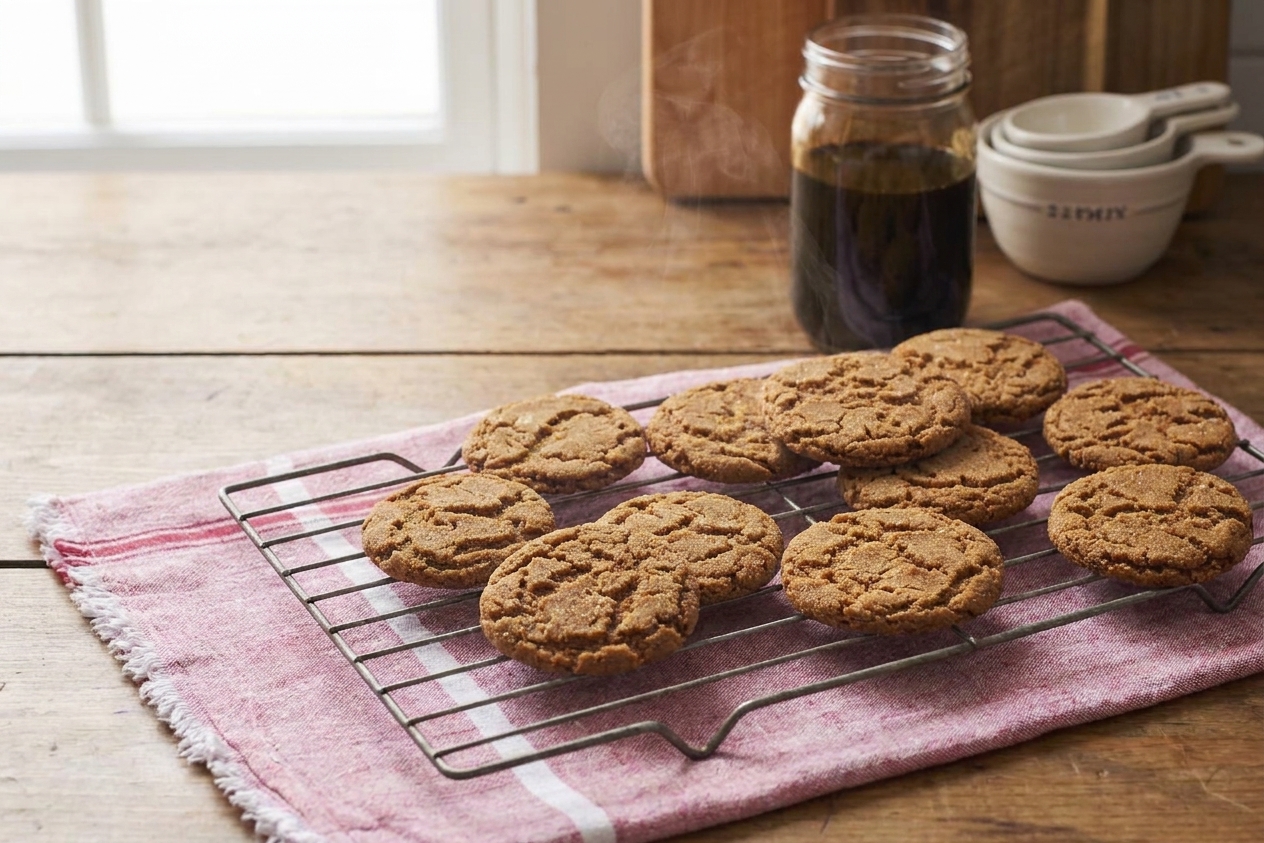 Freshly baked molasses cookies with crackled tops cooling on a wire rack in a home kitchen