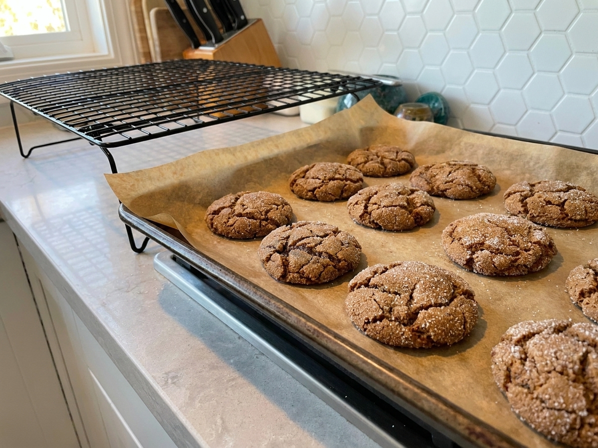 Freshly baked molasses cookies with crackled tops on a parchment-lined baking sheet just out of the oven