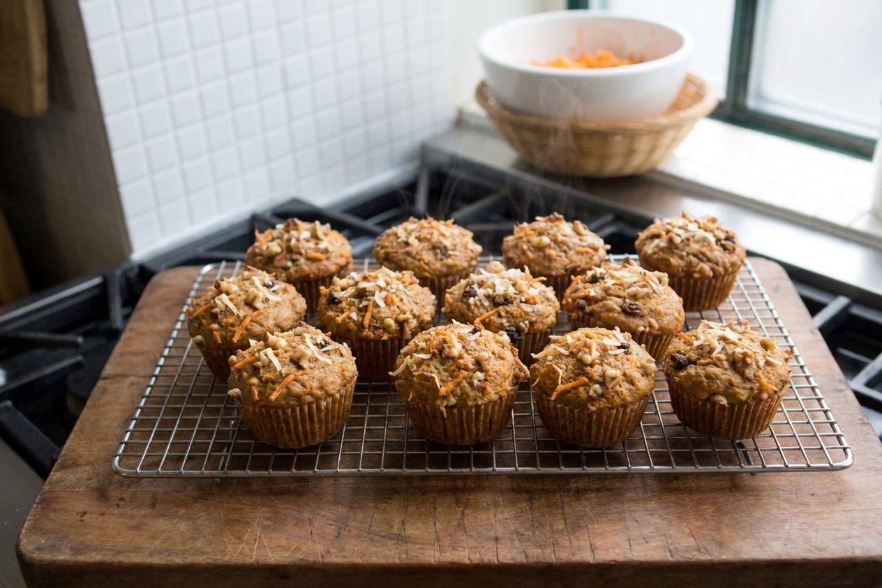 Freshly baked morning glory muffins cooling on a wire rack on a counter