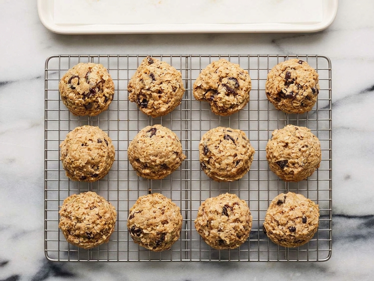 Freshly baked oatmeal cookies cooling on a wire rack with a warm, golden-brown finish