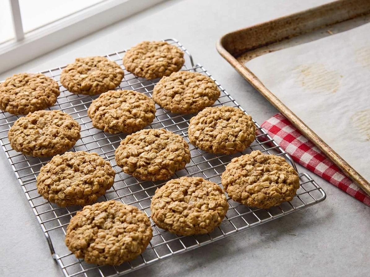 Freshly baked oatmeal cookies cooling on a wire rack with a sheet pan nearby