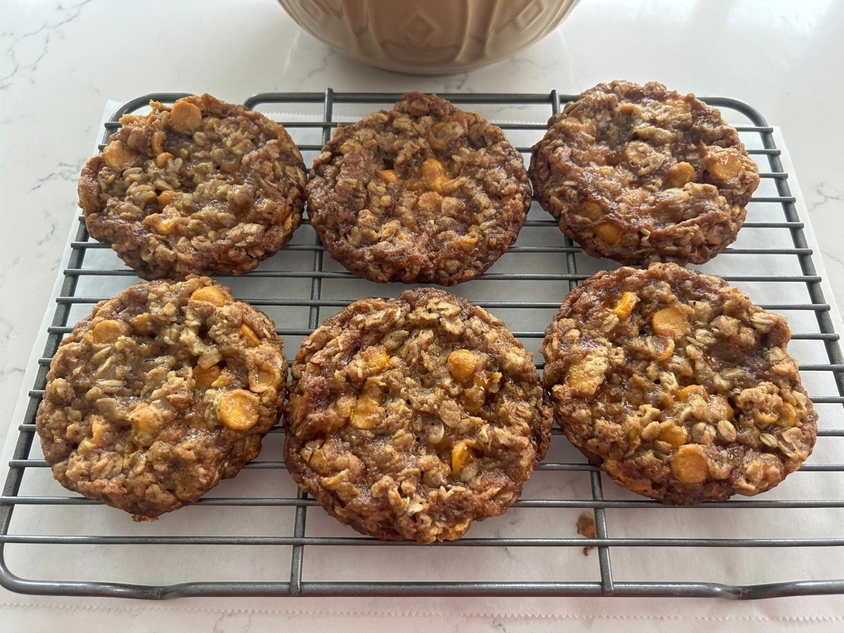Freshly baked oatmeal scotchies cookies cooling on a wire rack with melted butterscotch chips visible