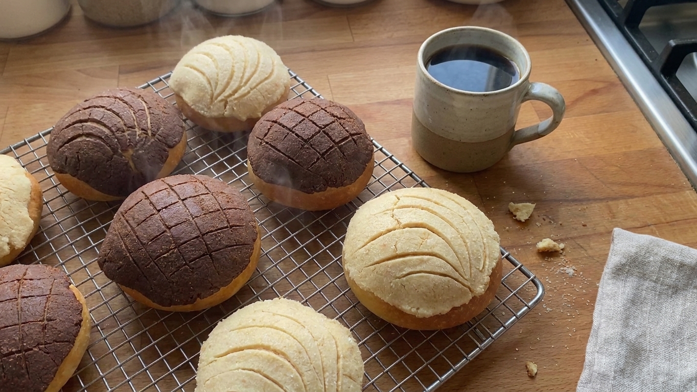 Freshly baked pan dulce conchas cooling on a wire rack with a mug of coffee on the side
