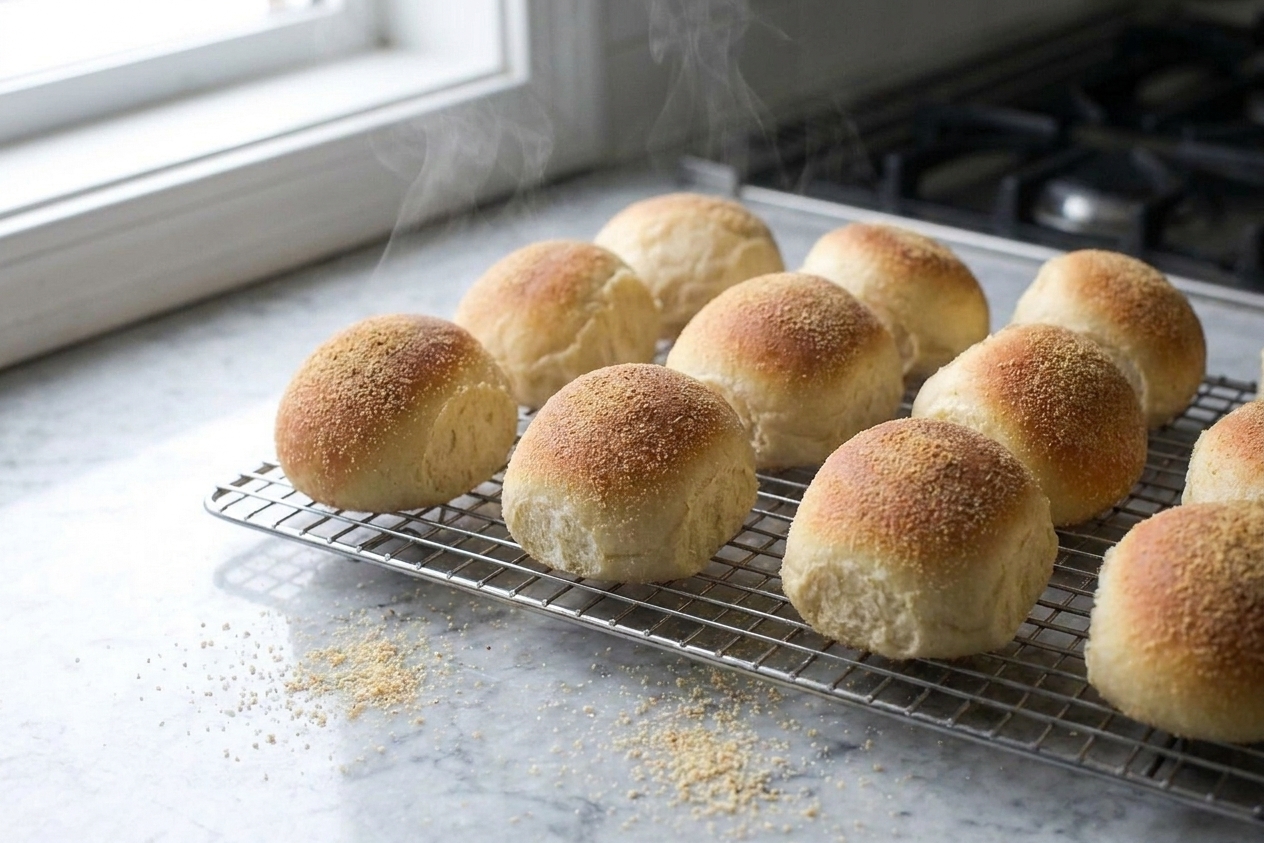 Freshly baked pandesal rolls cooling on a wire rack with a few crumbs scattered on the counter