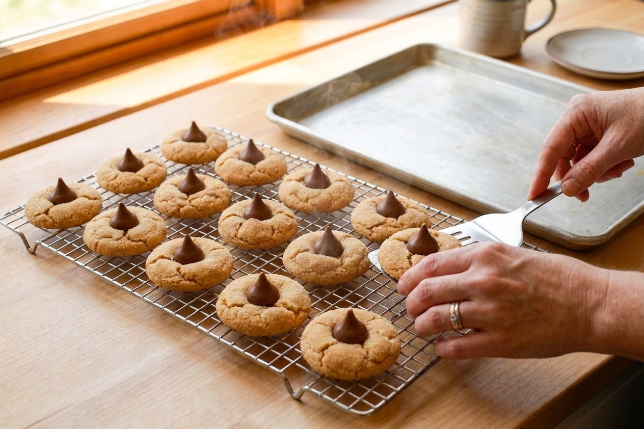 Freshly baked peanut butter blossom cookies cooling on a wire rack in a bright home kitchen