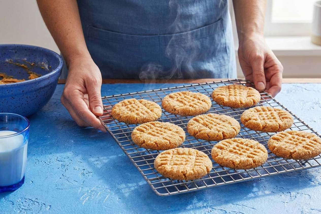 Freshly baked peanut butter cookies cooling on a wire rack