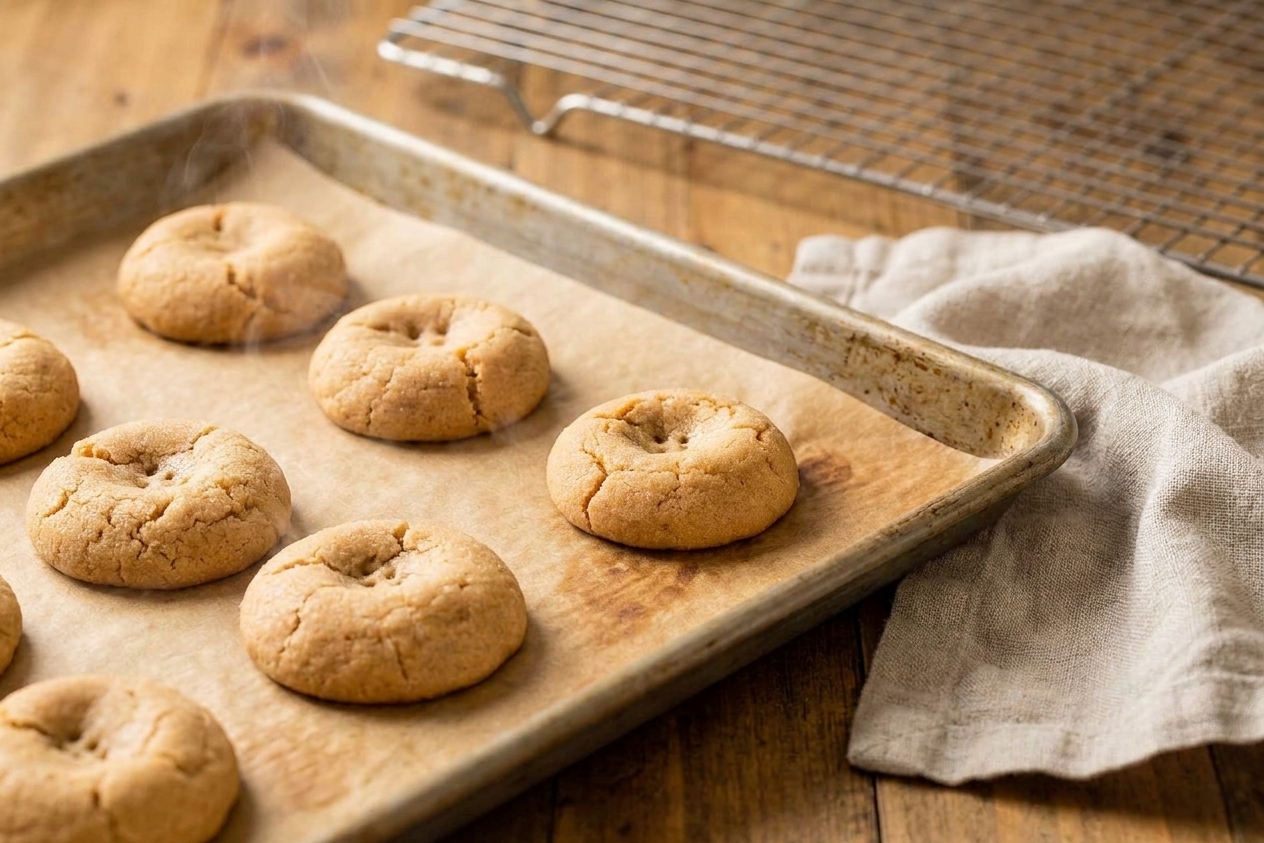 Freshly baked peanut butter cookies on a parchment lined baking sheet just out of the oven, without chocolate yet