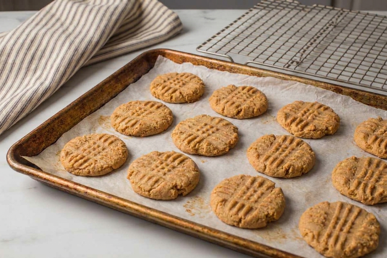 Freshly baked peanut butter cookies with fork crosshatch marks on a parchment-lined baking sheet just out of the oven