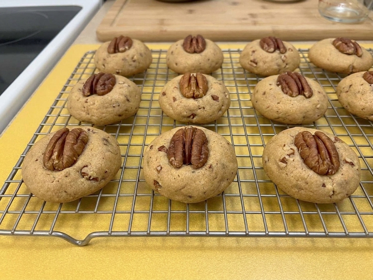 Freshly baked pecan cookies cooling on a wire rack, golden brown with visible pecan pieces