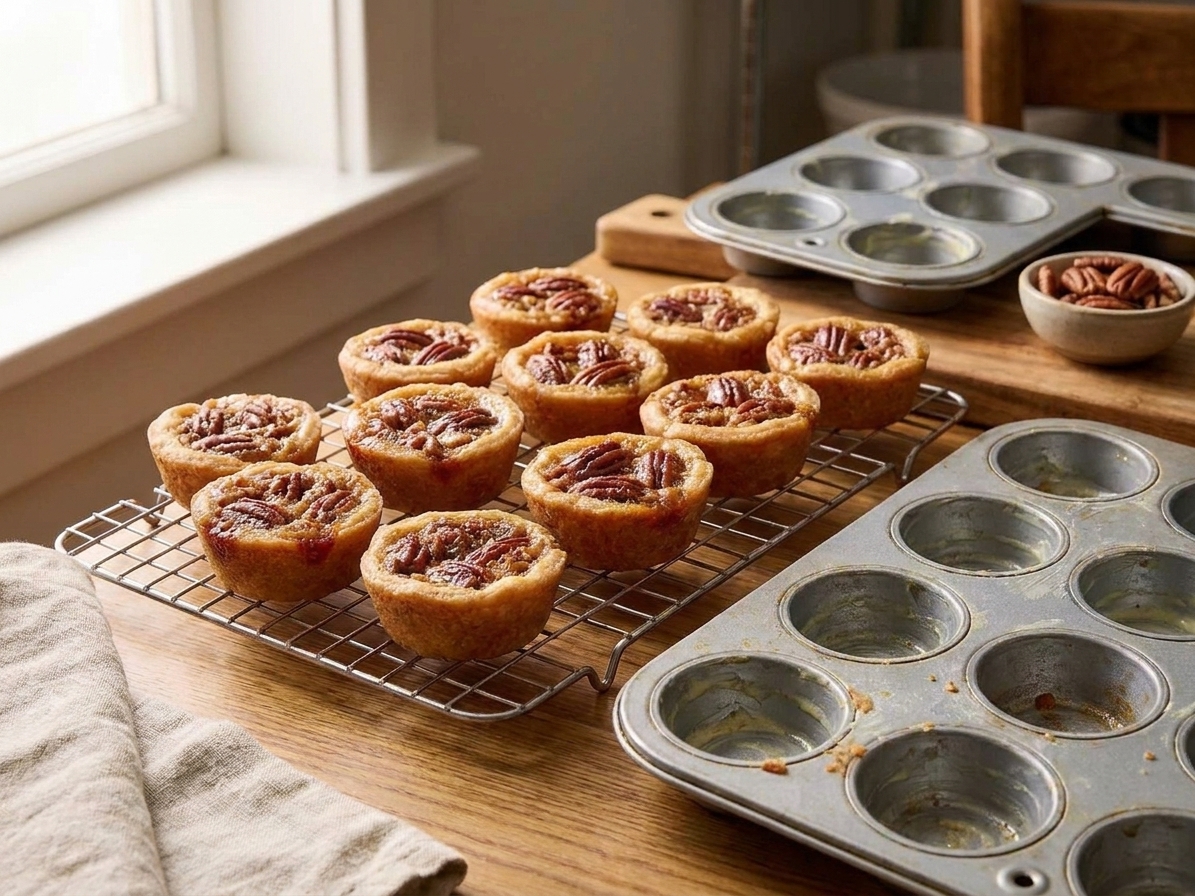 Freshly baked pecan tassies cooling on a wire rack with a mini muffin pan nearby