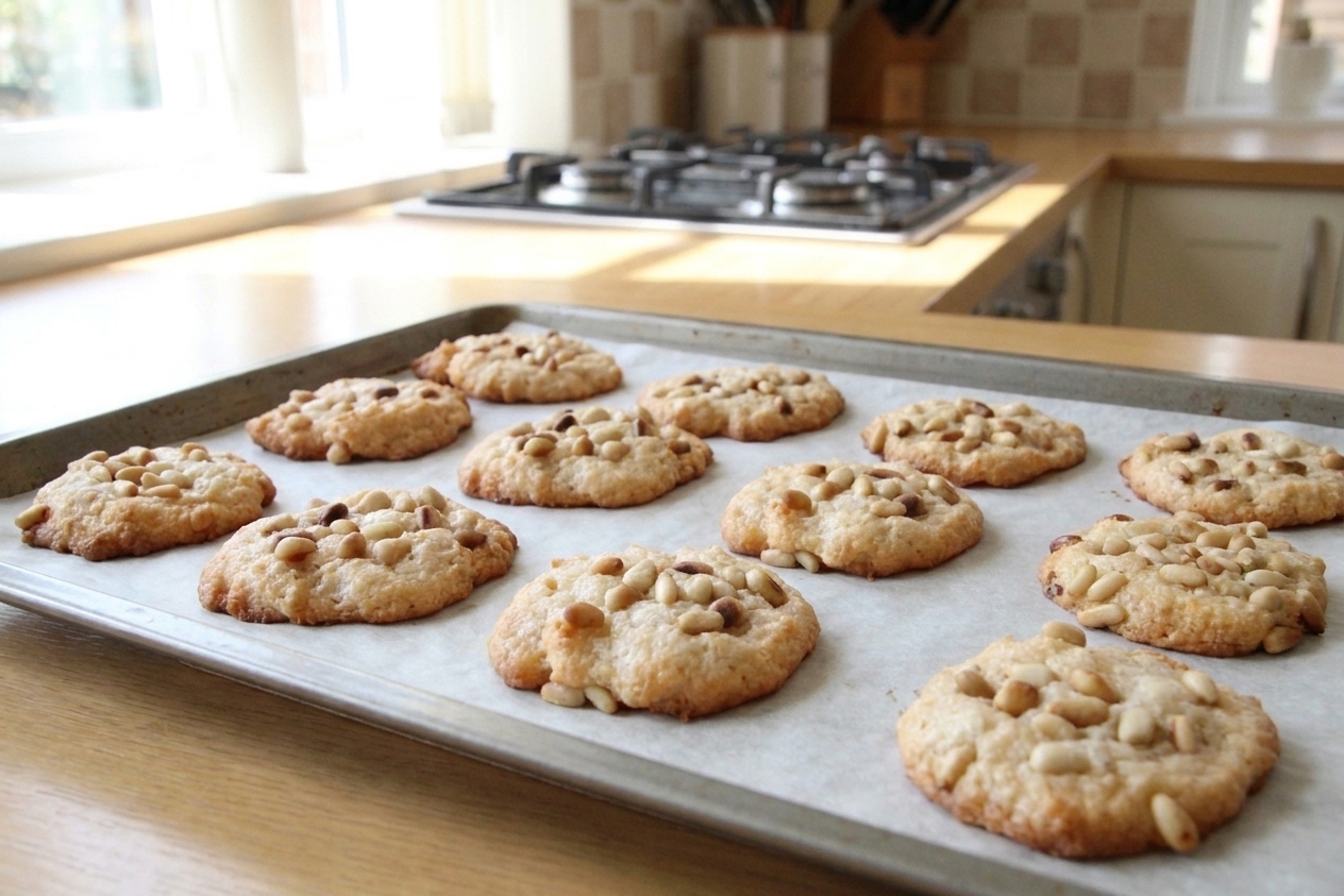 Freshly baked pignoli cookies cooling on a parchment lined baking sheet with toasted pine nuts and lightly golden edges