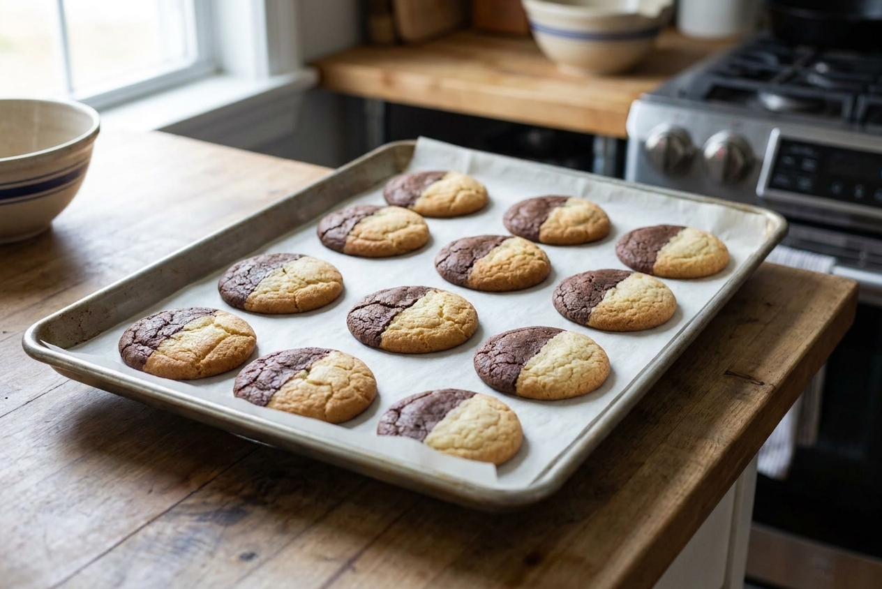 Freshly baked plain black and white cookie bases cooling on a parchment-lined baking sheet on a kitchen counter