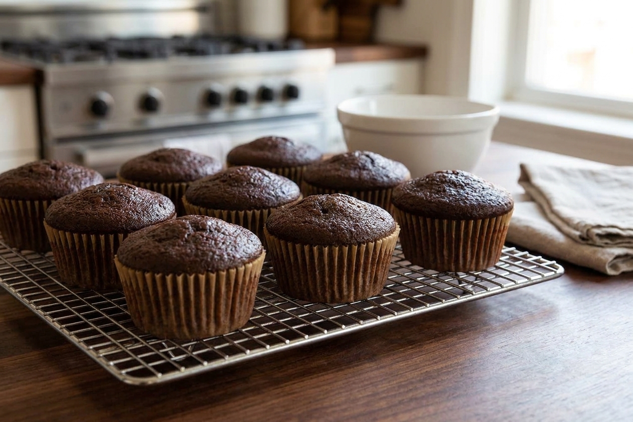 Freshly baked plain chocolate cupcakes cooling on a wire rack in a home kitchen