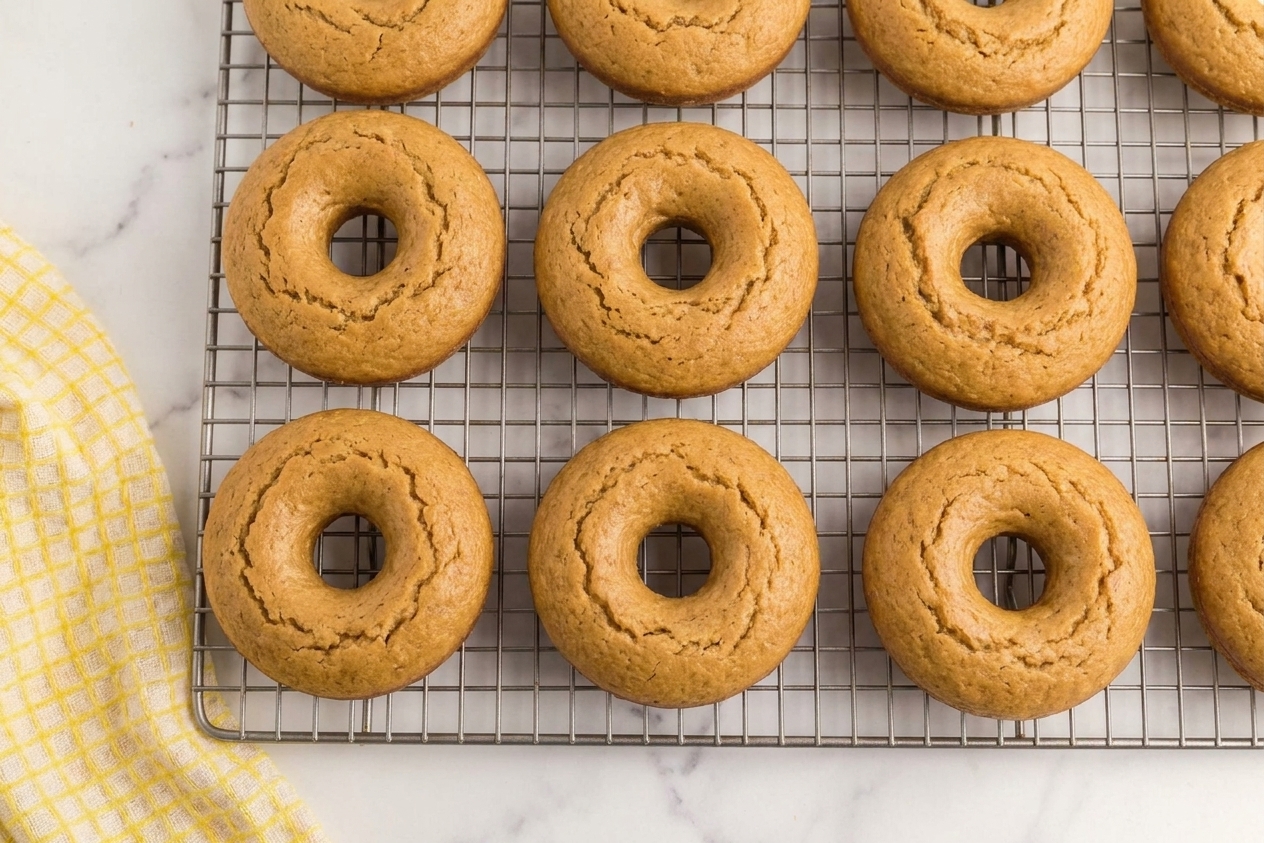 Freshly baked plain donuts cooling on a wire rack on a kitchen counter