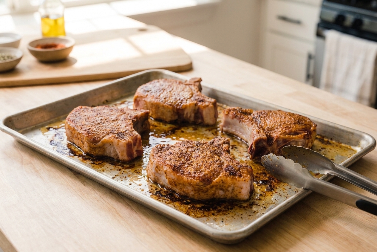 Freshly baked pork loin chops resting on a sheet pan with visible pan juices, tongs resting on the edge of the pan on a kitchen counter