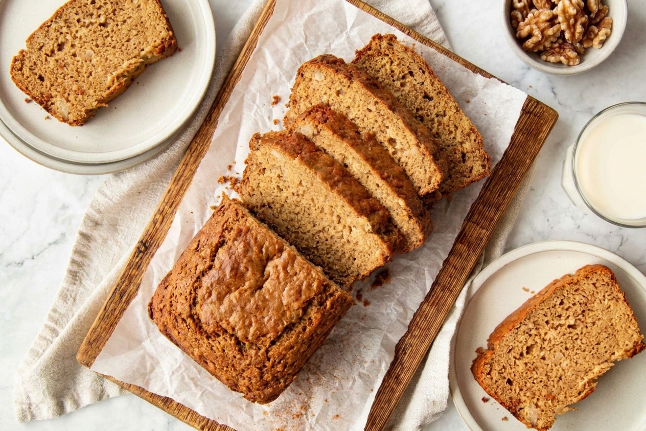 Freshly baked protein banana bread sliced into even pieces on a cutting board with crumbs scattered nearby