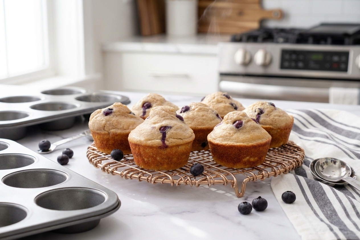 Freshly baked protein muffins cooling on a wire rack on a kitchen counter with a muffin tin nearby