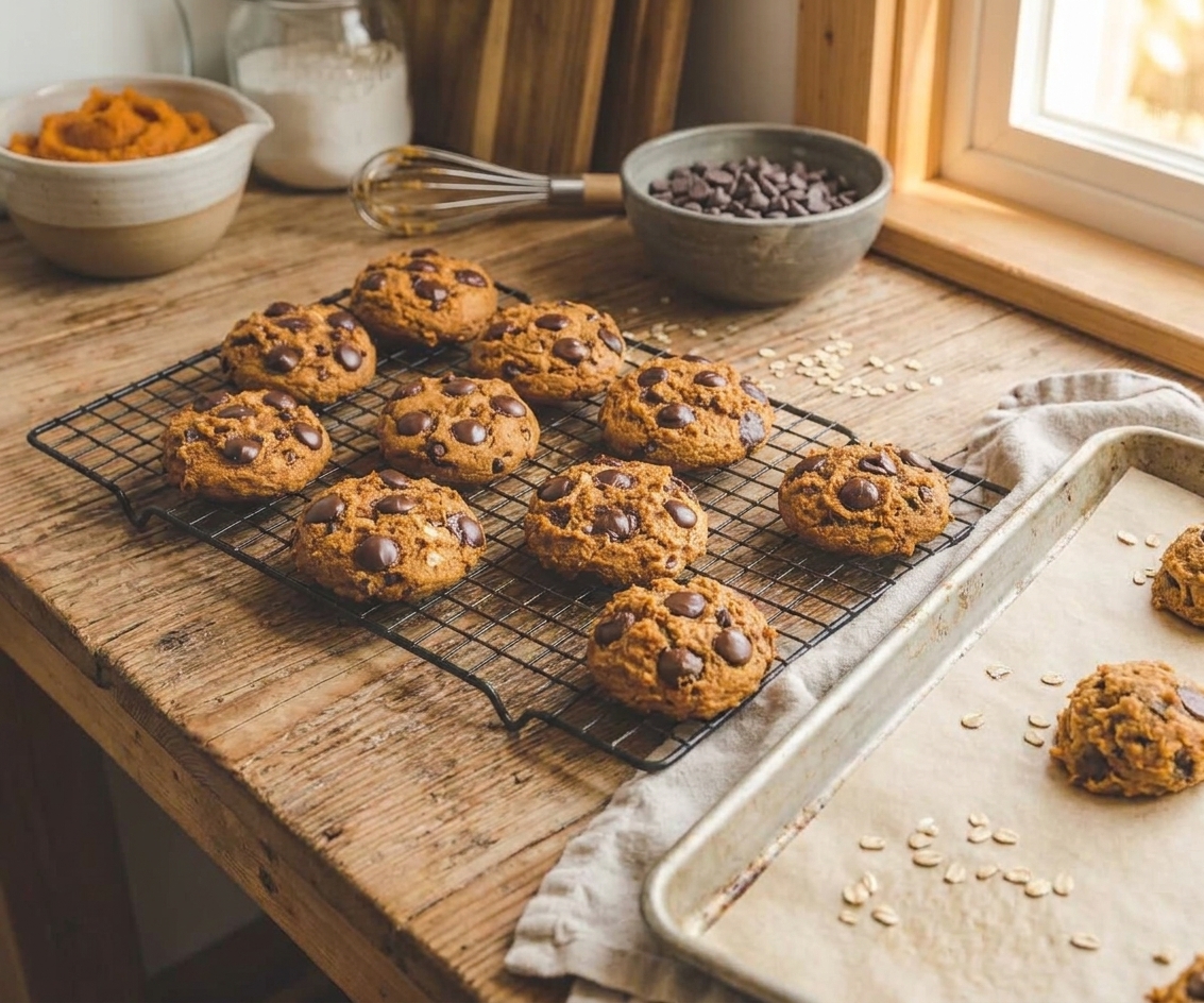Freshly baked pumpkin chocolate chip cookies cooling on a wire rack with a baking sheet nearby