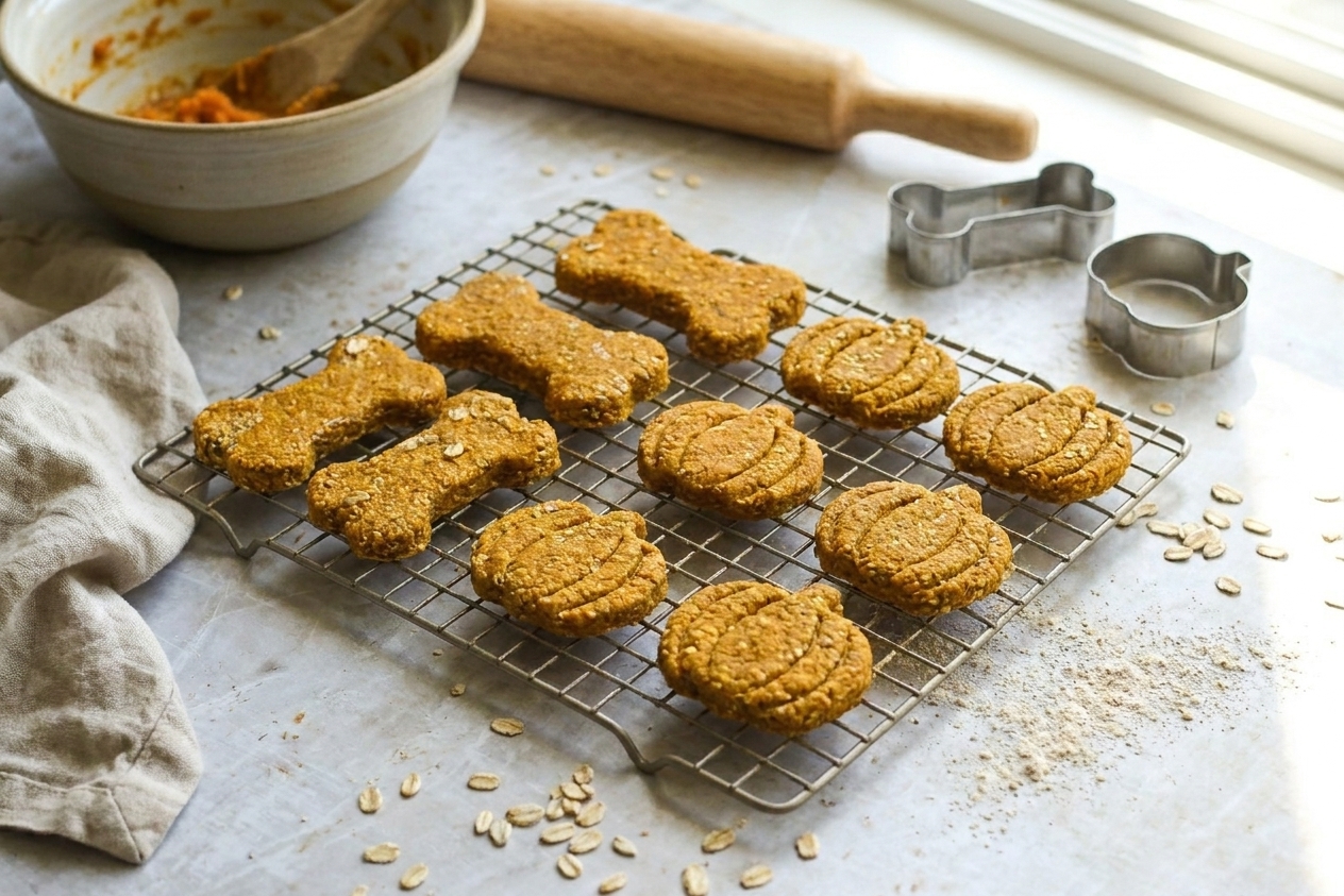 Freshly baked pumpkin dog treats cooling on a wire rack