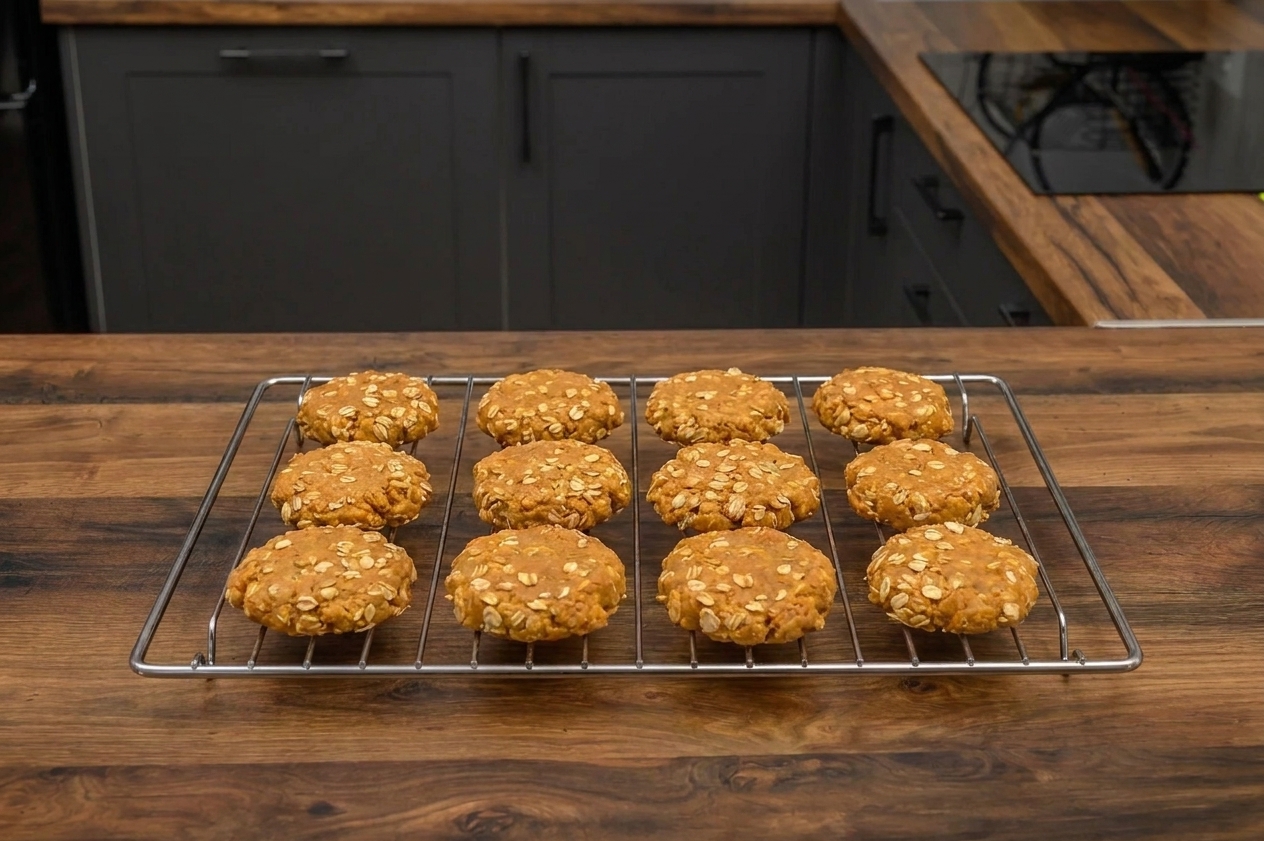 Freshly baked pumpkin oat dog treats cooling on a wire rack on a kitchen counter