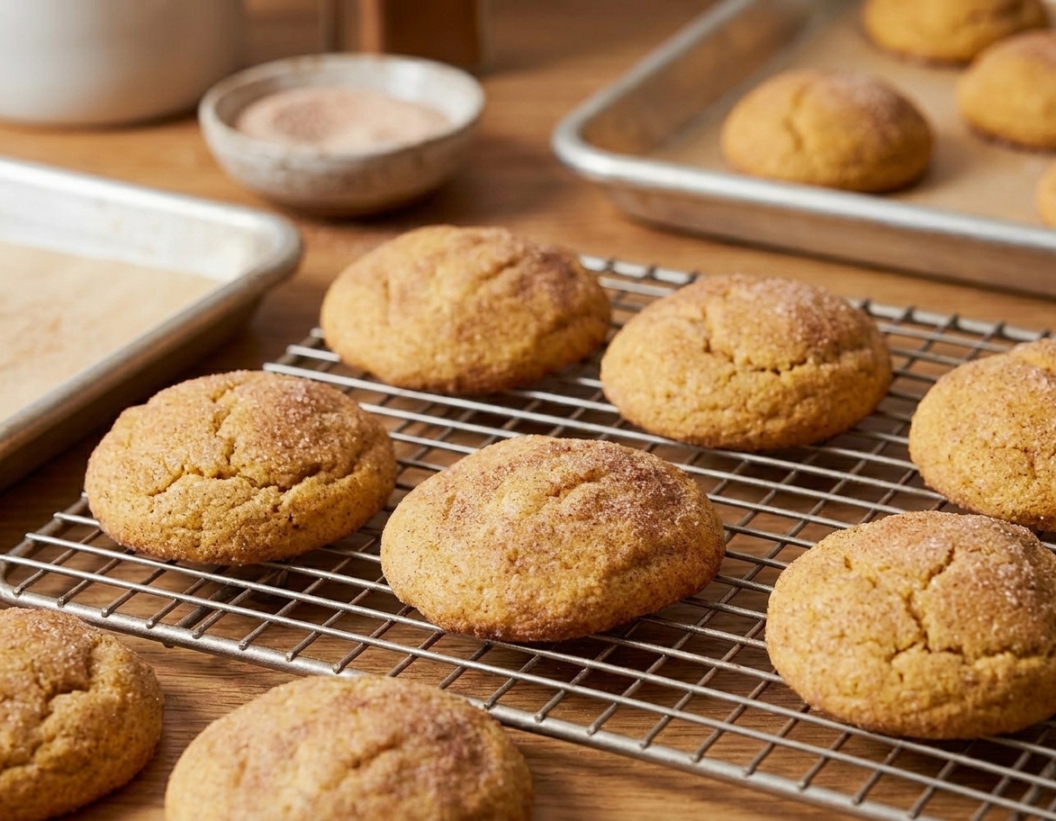Freshly baked pumpkin snickerdoodle cookies cooling on a wire rack with crackly cinnamon sugar tops