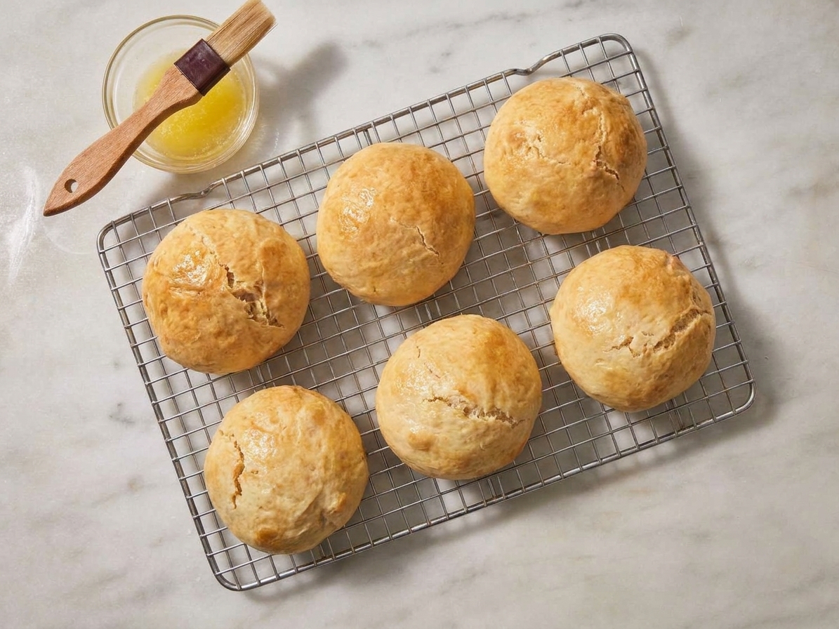 Freshly baked quick bread buns cooling on a wire rack with a small dish of melted butter nearby on a kitchen counter