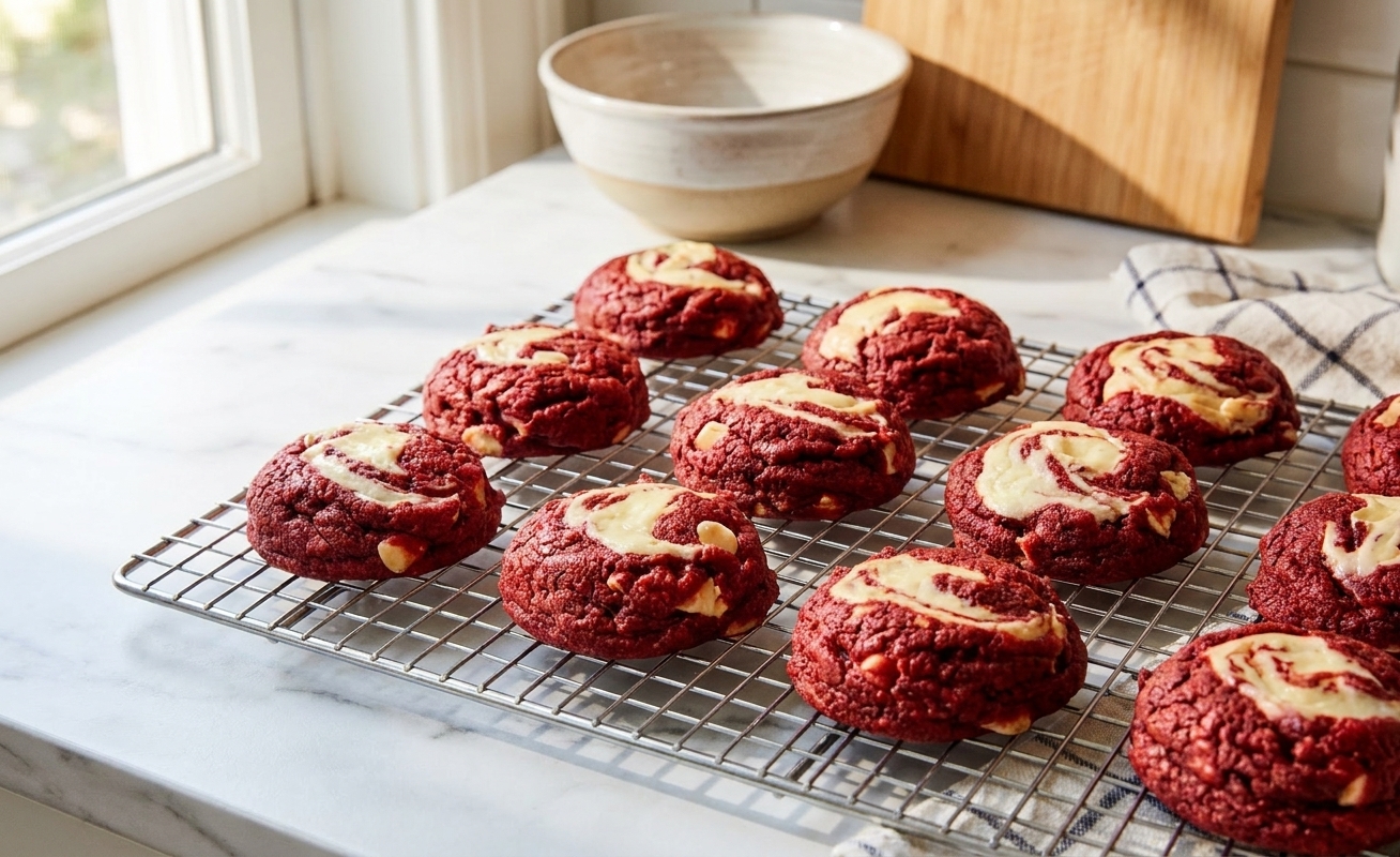 Freshly baked red velvet cookies with crinkly tops cooling on a wire rack in a bright home kitchen
