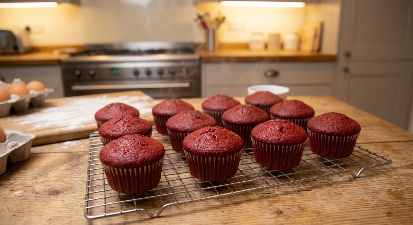 Freshly baked red velvet cupcakes cooling on a wire rack in a bright kitchen