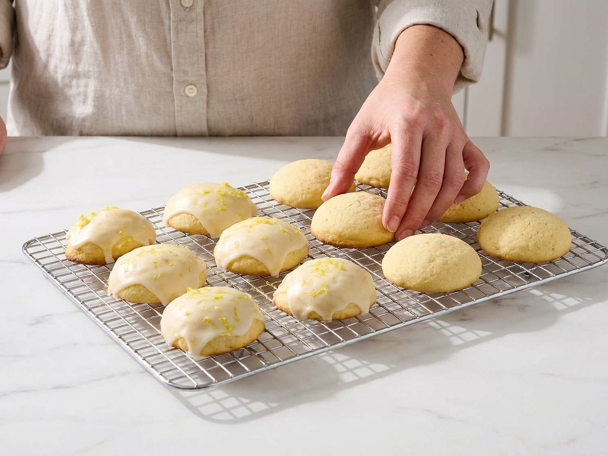 Freshly baked ricotta cookies cooling on a wire rack on a kitchen counter