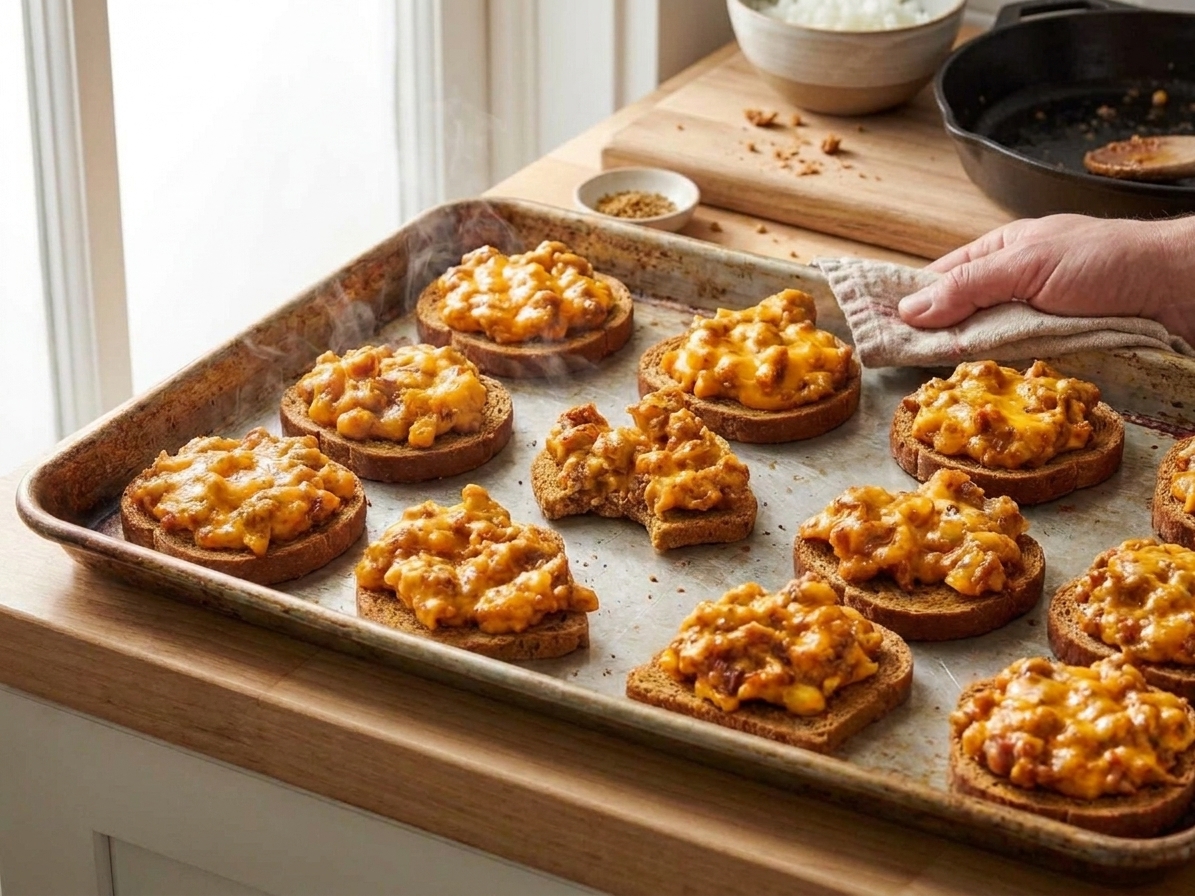 Freshly baked rye rounds topped with bubbly melted sausage and cheese mixture on a sheet pan just out of the oven