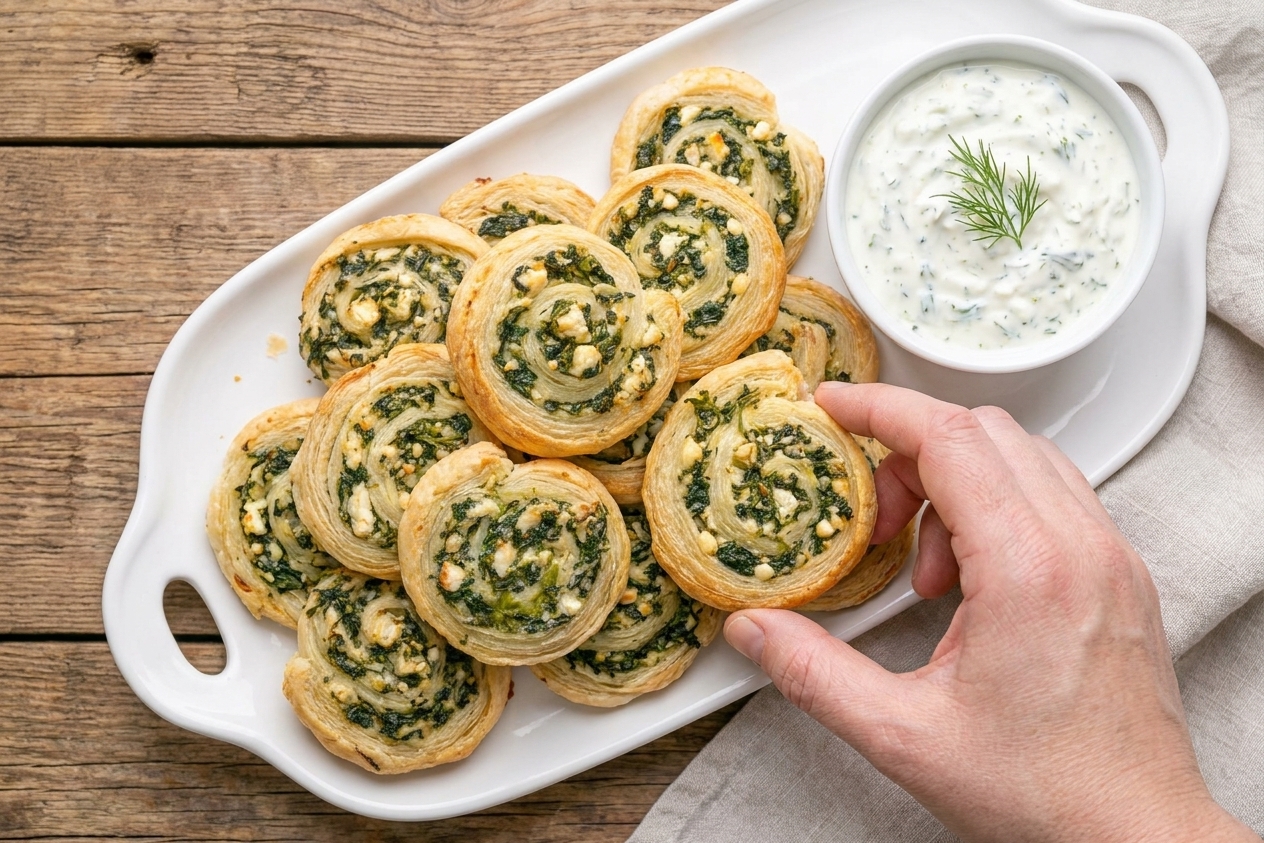 Freshly baked savory puff pastry pinwheels on a white platter with a small bowl of dipping sauce on a wooden table