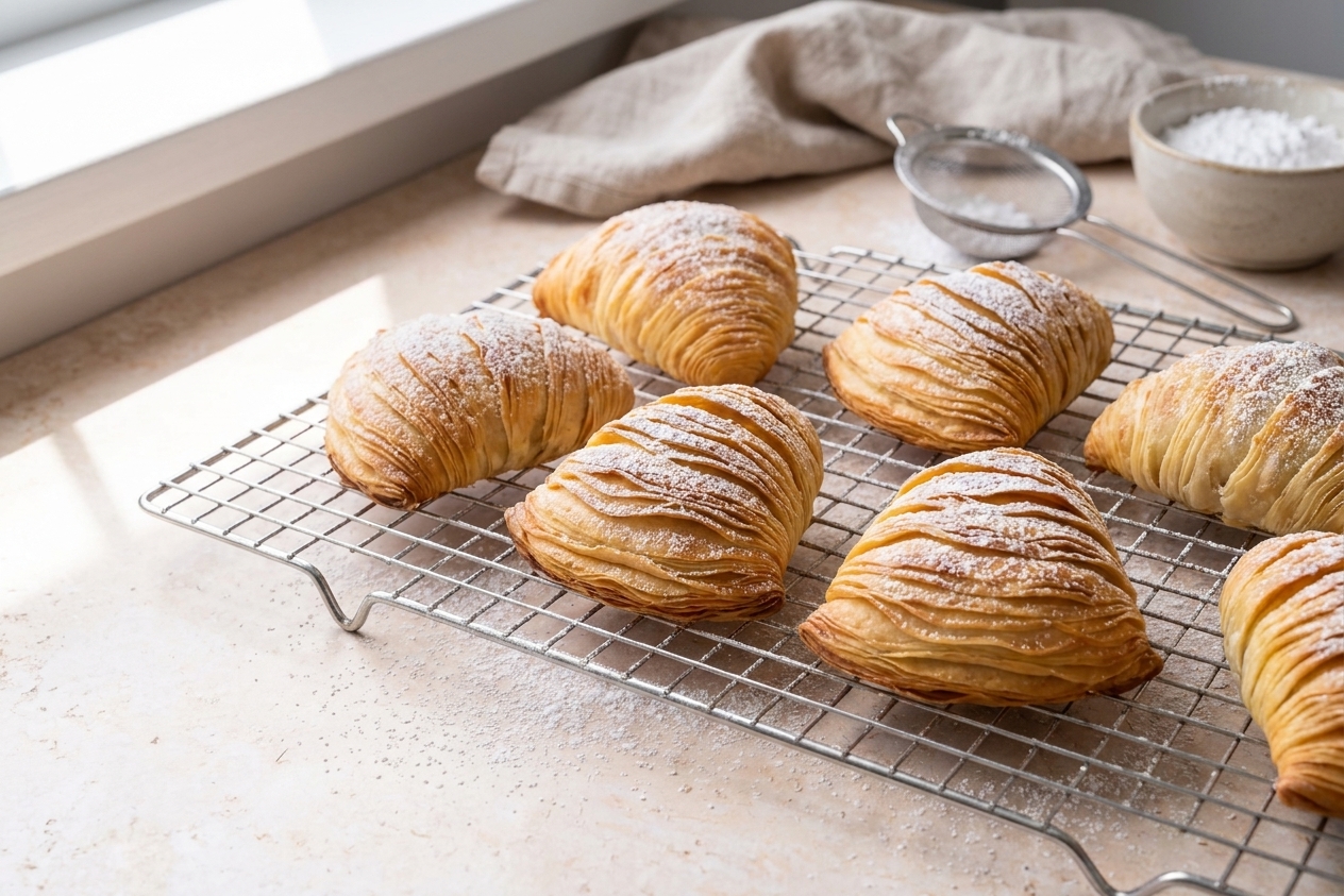 Freshly baked sfogliatelle pastries cooling on a wire rack with a light dusting of powdered sugar