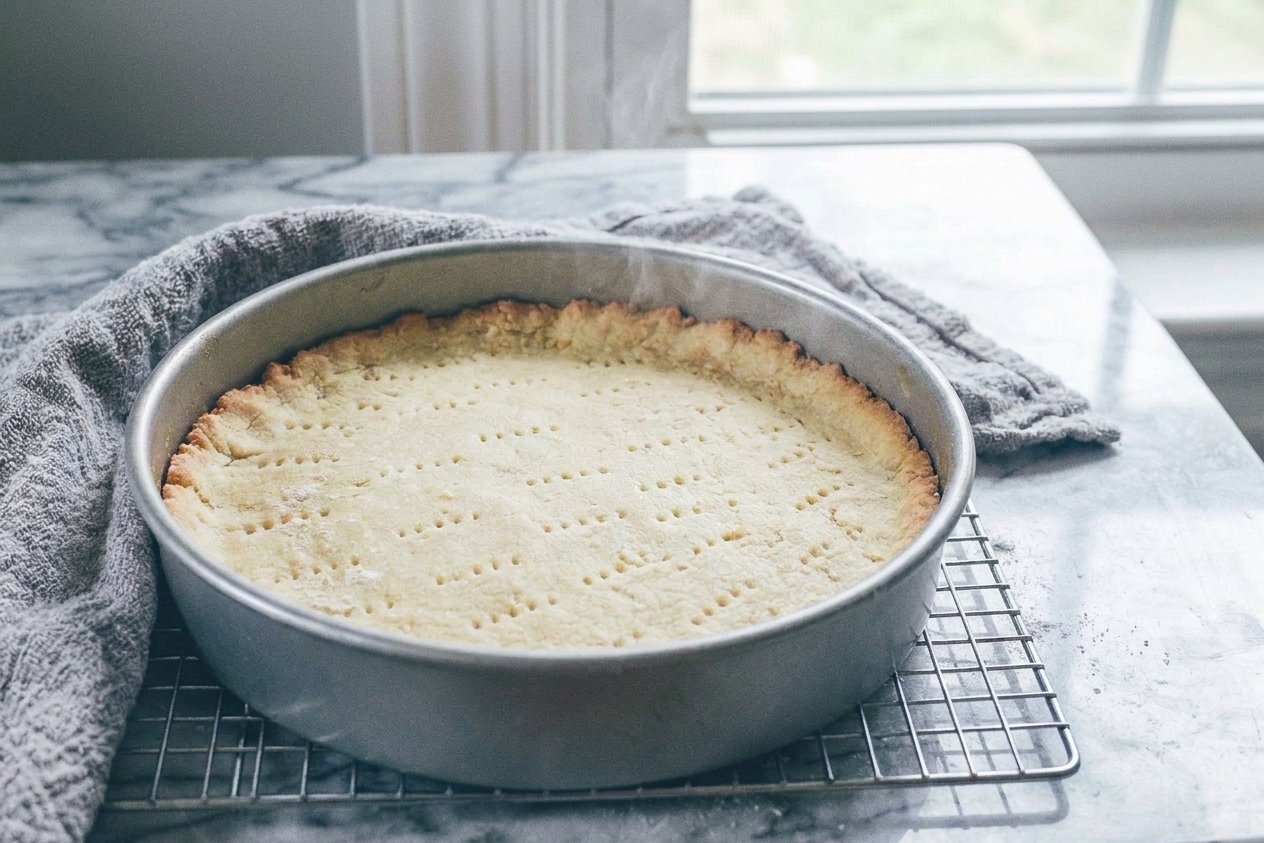 Freshly baked shortbread in a round cake pan cooling on a wire rack with lightly golden edges