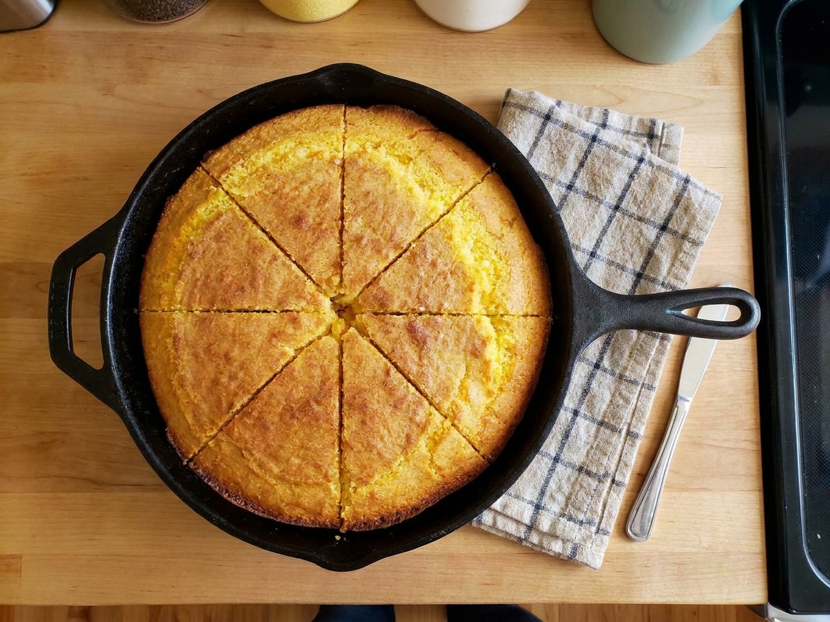 Freshly baked skillet cornbread cut into wedges inside a cast iron pan on a rustic wooden table
