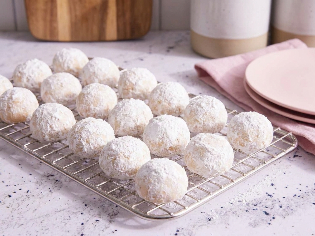 Freshly baked snowball cookies dusted with powdered sugar cooling on a wire rack in a cozy home kitchen