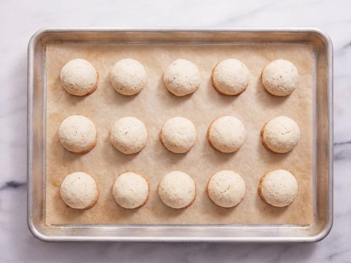 Freshly baked snowball cookies on a parchment-lined baking sheet, pale on top with lightly golden bottoms, warm kitchen lighting