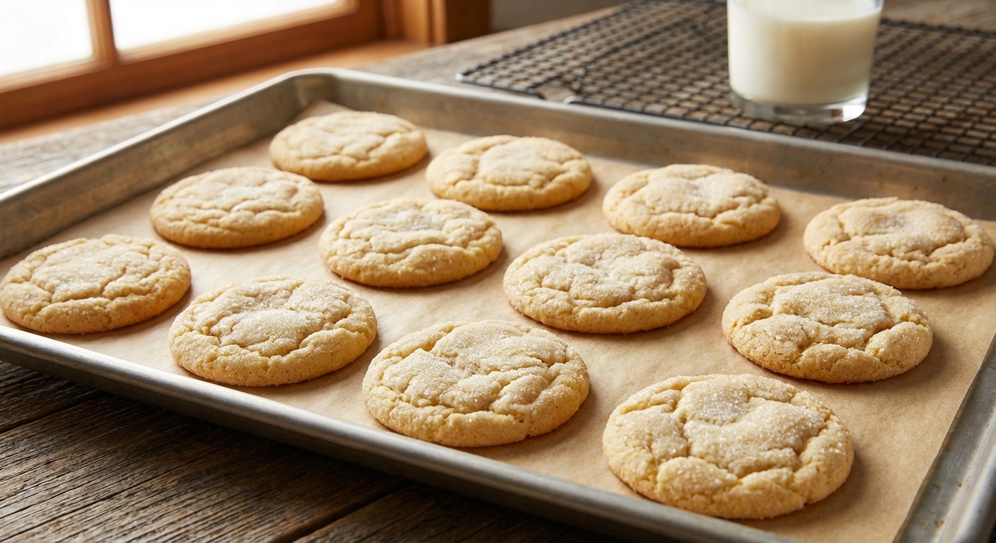Freshly baked soft and chewy sugar cookies on a parchment-lined baking sheet with lightly golden edges
