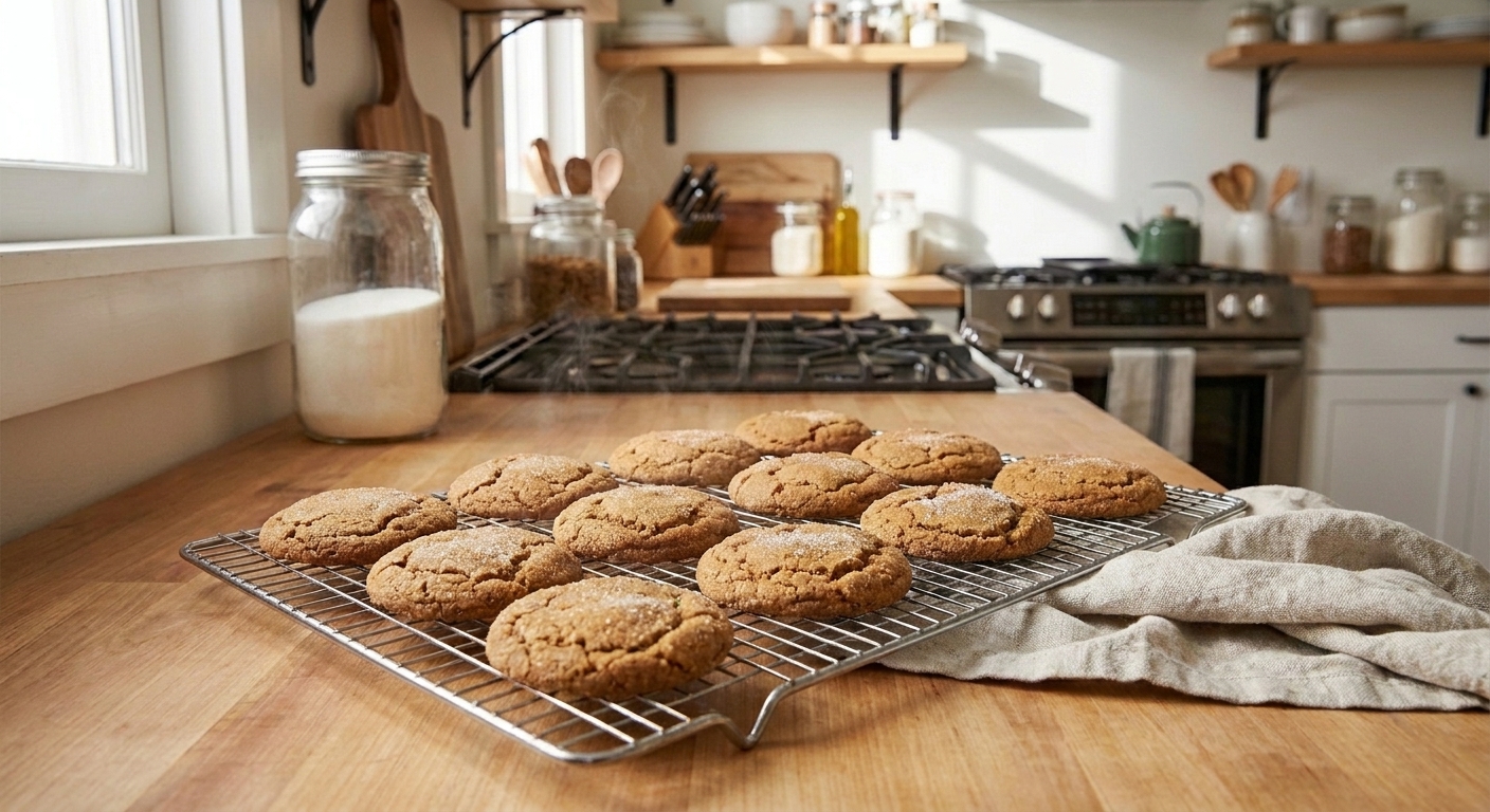Freshly baked soft ginger cookies with crackly tops cooling on a wire rack on a kitchen counter