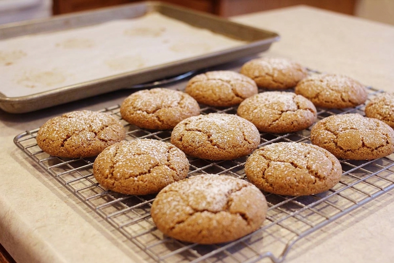 Freshly baked soft gingerbread cookies cooling on a wire rack with a sheet pan in the background