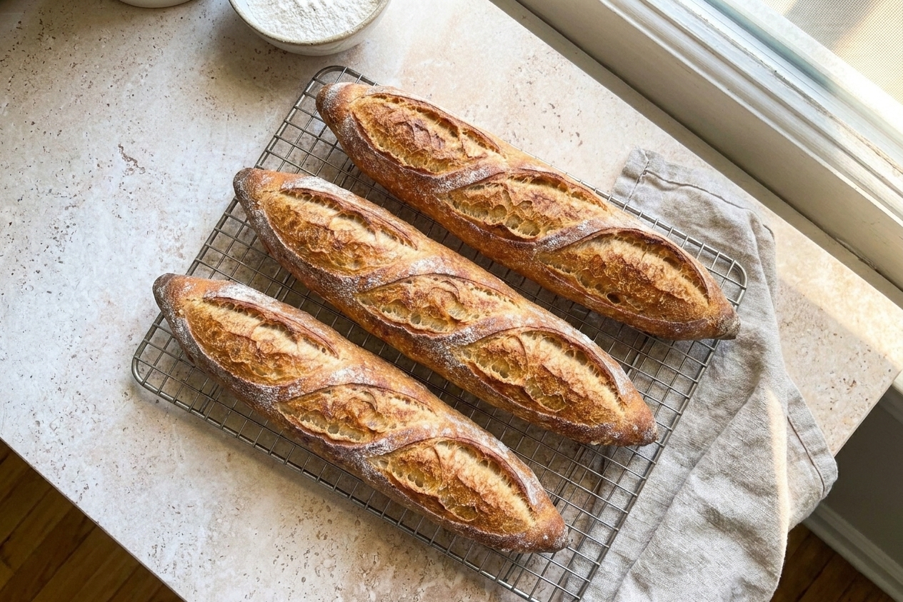 Freshly baked sourdough baguettes cooling on a wire rack on a bright kitchen counter